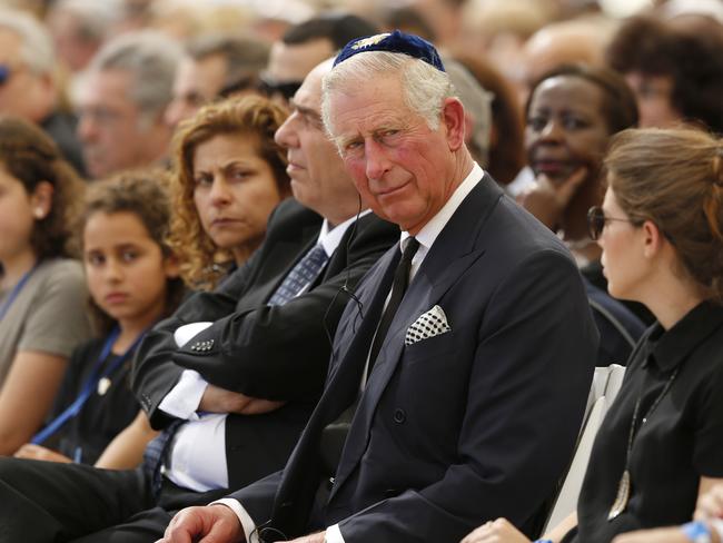 King Charles (then the Prince of Wales) attends the funeral of former Israeli president and prime minister Shimon Peres in 2016. Picture: AFP