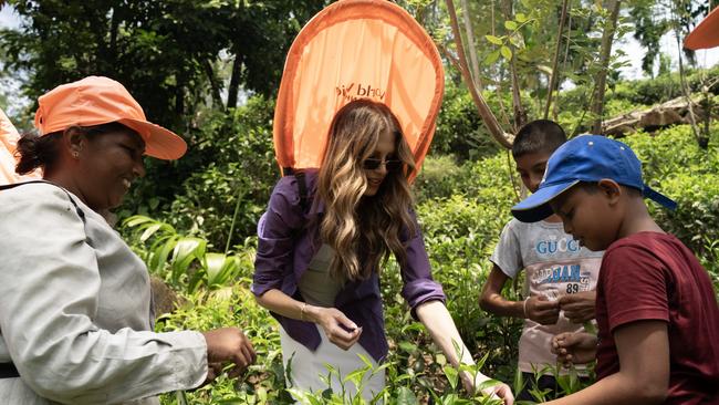 Erin practices tea planting/plucking with a local family.