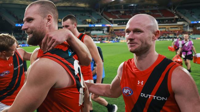 Nick Hind (right) and Jake Stringer (left). Photo by James Elsby/AFL Photos via Getty Images.