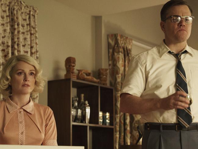 This file image released by Paramount Pictures shows Julianne Moore, left, and Matt Damon in a scene from "Suburbicon." (Hilary Bronwyn Gayle/Paramount Pictures via AP)