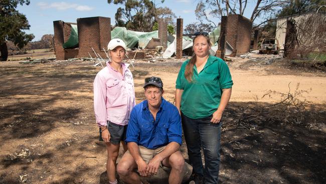 At Christmas, Josh Graham, partner Lily Buick (pink top) and sister Danielle Short had four houses on their rural properties in north western Kangaroo Island. By January 4, they had none. Picture: Brad Fleet