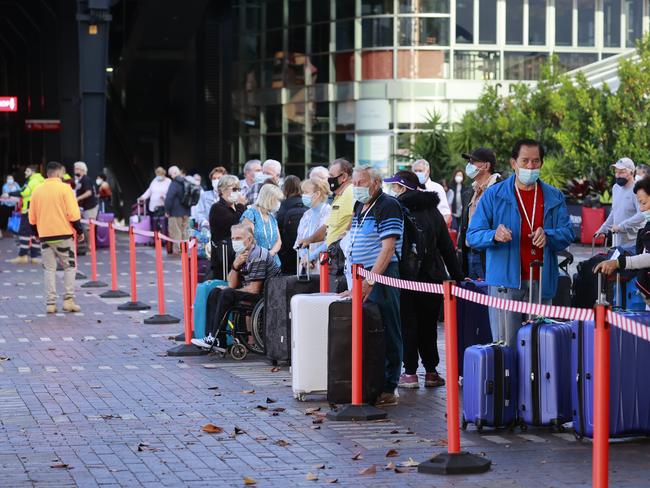 Covid-negative passengers waited for their rides home after disembarking the Majestic Princess. Picture: Tim Hunter