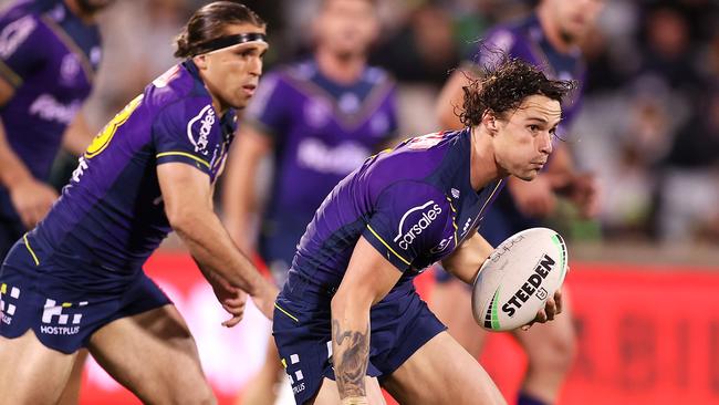 CANBERRA, AUSTRALIA - MAY 22:  Nicho Hynes of the Storm makes a break during the round 11 NRL match between the Canberra Raiders and the Melbourne Storm at GIO Stadium, on May 22, 2021, in Canberra, Australia. (Photo by Mark Kolbe/Getty Images)