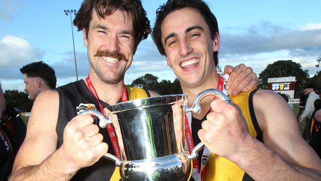 Torquay players celebrate winning the premiership. Picture: Alan Barber