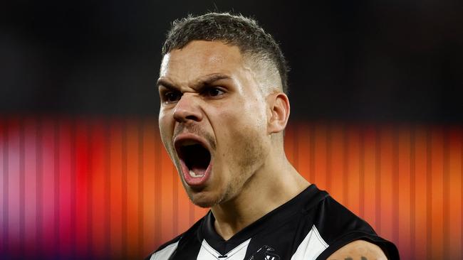 MELBOURNE, AUSTRALIA - JUNE 16: Bobby Hill of the Magpies celebrates a goal during the 2024 AFL Round 14 match between the North Melbourne Kangaroos and the Collingwood Magpies at Marvel Stadium on June 16, 2024 in Melbourne, Australia. (Photo by Michael Willson/AFL Photos via Getty Images)