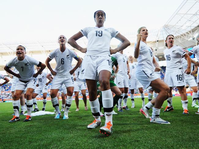 SINSHEIM, GERMANY - JULY 05:  Kristy Hill of New Zealand and her team mates perform the Haka after the FIFA Women's World Cup 2011 Group B match between New Zealand and Mexico at Rhein-Neckar-Arena on July 5, 2011 in Sinsheim, Germany.  (Photo by Lars Baron - FIFA/FIFA via Getty Images)