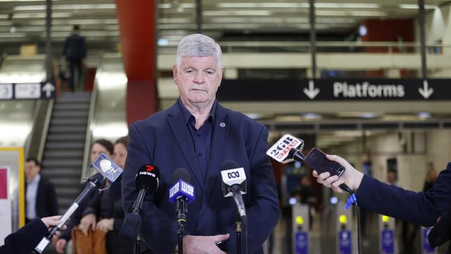 SYDNEY, AUSTRALIA - NewsWire photos AUGUST 24, 2022: Rail, Tram and Bus Union (RTBU) NSW Secretary Alex Claassens speaks at Martin Place Station in Sydney. has dismissed a claim from Minister Tudehope that the NSW Government had come to the agreement six weeks ago. Picture: NCA NewsWire / Dylan Coker