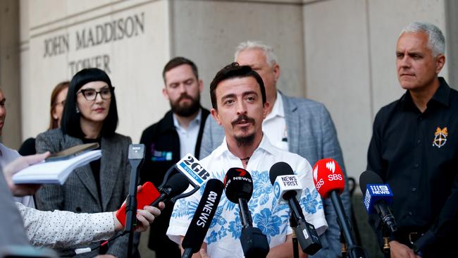 Former Qantas worker Theo Seremetidis addresses the media after his win against Qantas. Picture: Nikki Short