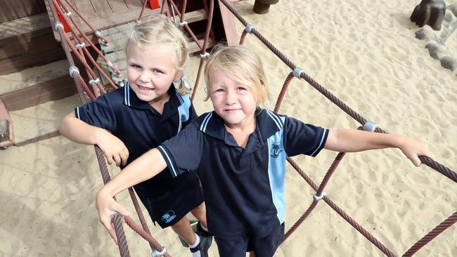 First day of school. Photo of Sarah Miglioranza (5) and Archie Williamson (5) at the Pirate Park, Palm Beach. Photo by Richard Gosling