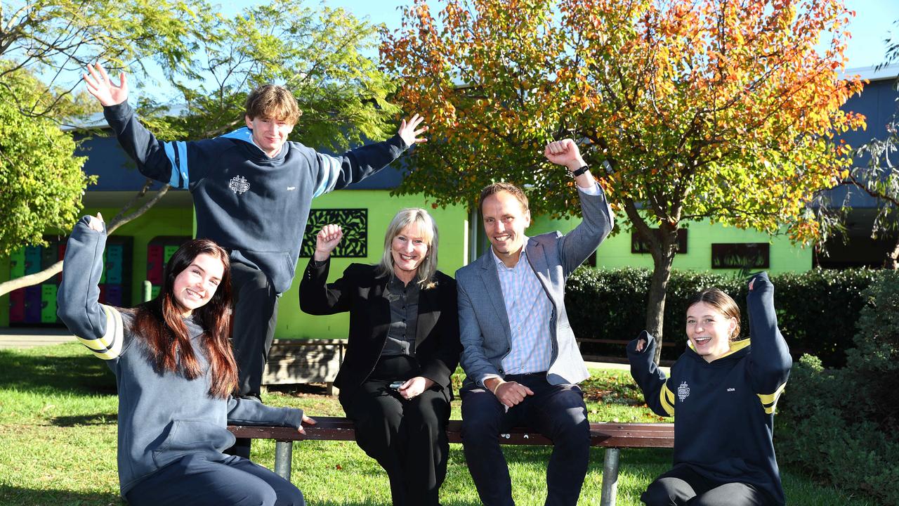 Regional Development Minister Gayle Tierney with Belmont High School principal Josh Baker and school captains Eliza Turley, left, Angus MacRae and Poppy Nivarovich. Picture: Alison Wynd