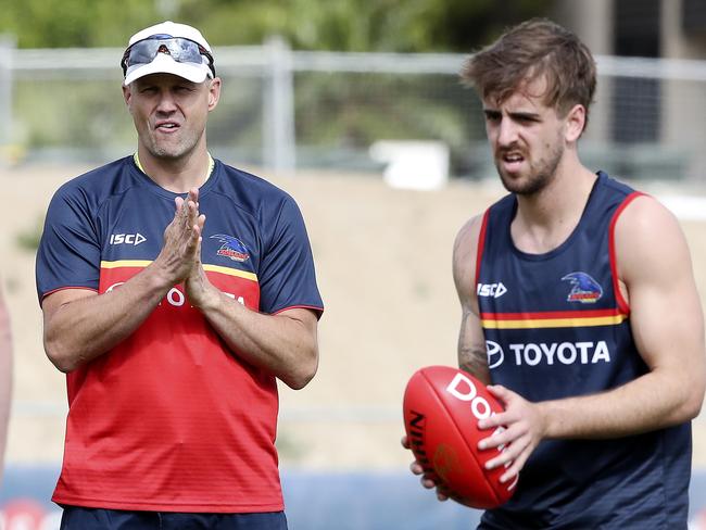 AFL - 14/11/29 - Adelaide Crows 1-4 year players return to official training at West Lakes. New Coach Matthew Nicks holds his first training session with Tom Lynch ad Jordan Gallucci Picture SARAH REED