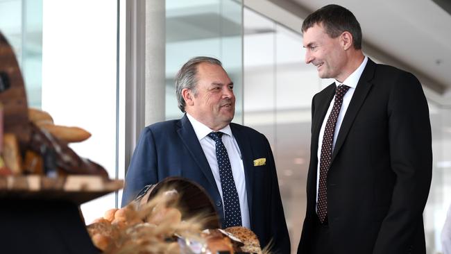 Former Retail Food Group managing director Andre Nell (right) and former Chairman Colin Archer at the company's annual general meeting in Southport on the Gold Coast, Thursday, November 30, 2017. 