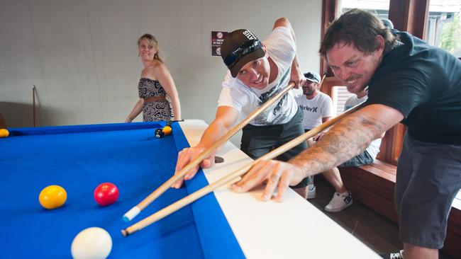 Hoey Moey Sunday afternoon socials: Cody Sarten and Michael Hall were double trouble on the pool table. Picture: Rob Wright / The Coffs Coast Advocate