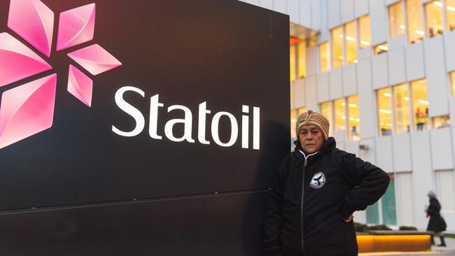 Kokatha First Nations Elder Sue Coleman-Haseldine at the headquarters of Statoil in Norway last year, protesting at the company's plan to drill for oil in the Great Australian Bight.