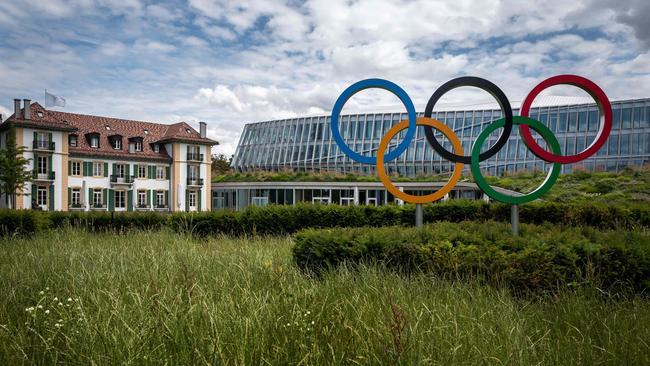 The Olympic rings logo in front of the headquarters of the International Olympic Committee (IOC) in Lausanne amid the COVID-19 crisis