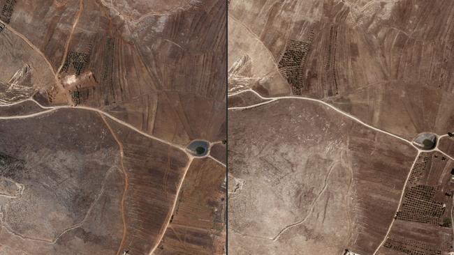 The UN base at Maroun al-Ras on October 9, left, and September 29. Pictures: Planet Labs via AFP