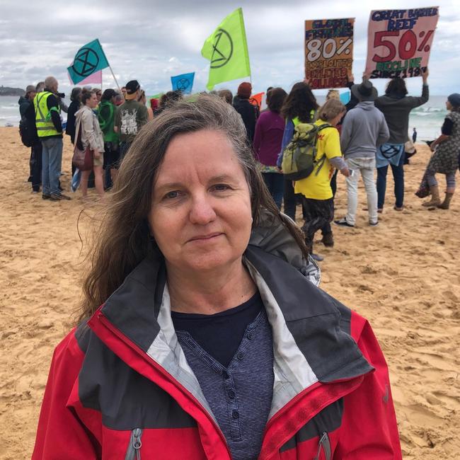 Greens councillor Miranda Korzy, before she was elected to the council, at a Manly Beach protest against climate change and concerns over loss of wildlife. Picture: Julie Cross.