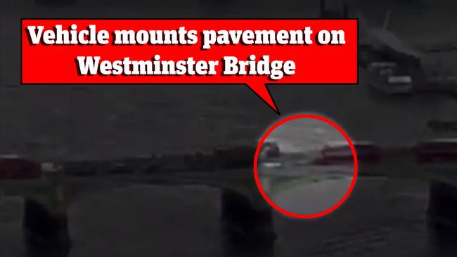 Car mounts pavement on Westminster bridge. Picture: BBC