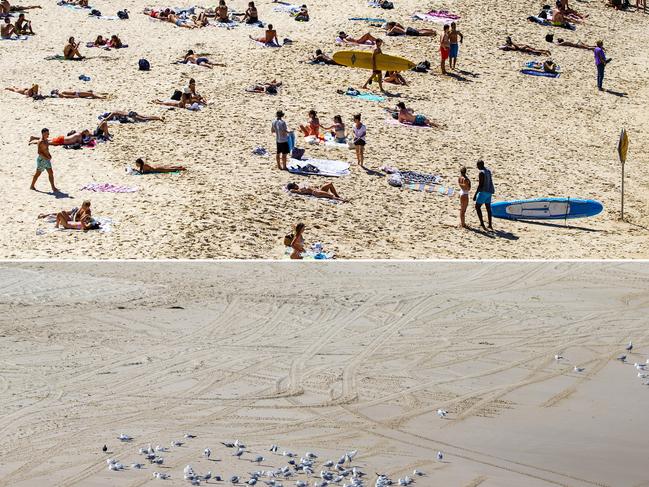 QUICK ACTION: Before and after: Bondi Beach on Friday and Sunday. Pictures: Jenny Evans/Getty Images