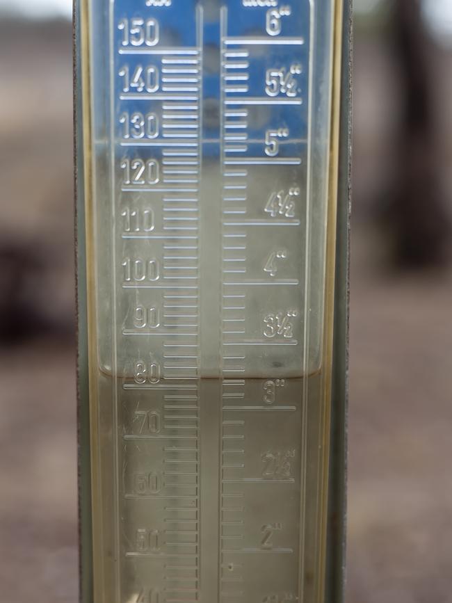 A rain gauge from a Felton farm, near Toowoomba, show falls of around 80mm on Friday. Picture: David Martinelli