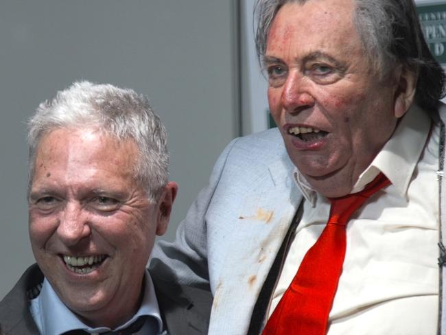 Bill Leak and Les Patterson at the launch of Leak's book "Trigger Warning" in Sydney on Wednesday night.