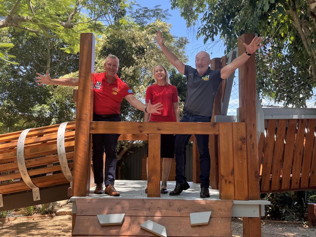 Kool Beanz SUNS founder Bruce Coulson, Mackay Regional Council Planning, Growth and Sustainability director Aletta Nugent, and GC Suns chief executive Mark Evans at the official opening of the Kool Beanz SUNS Harrup Park childcare centre on Tuesday, February 6, 2024. Picture: Heidi Petith