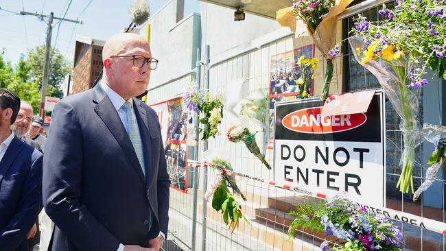 Mr Dutton visited the Adass Israel Synagogue in Ripponlea following the arson attack last Friday. Picture: NewsWire / Luis Enrique Ascui