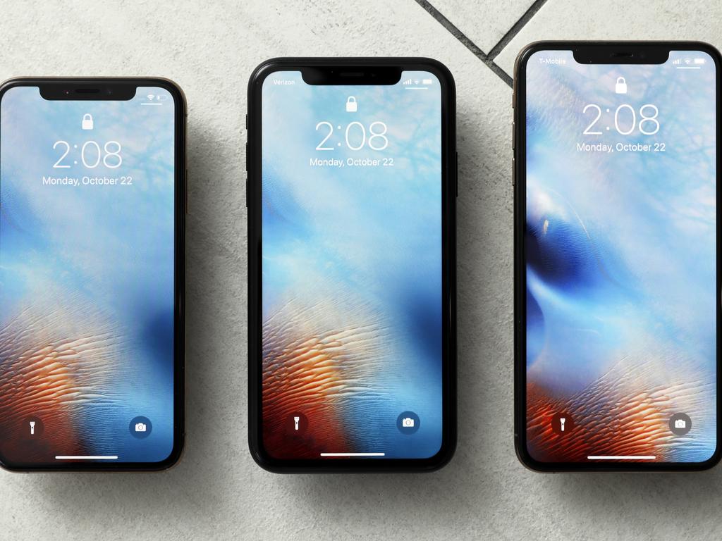 The iPhone XS, from left, iPhone XR, and the iPhone XS Max in New York. Picture: AP