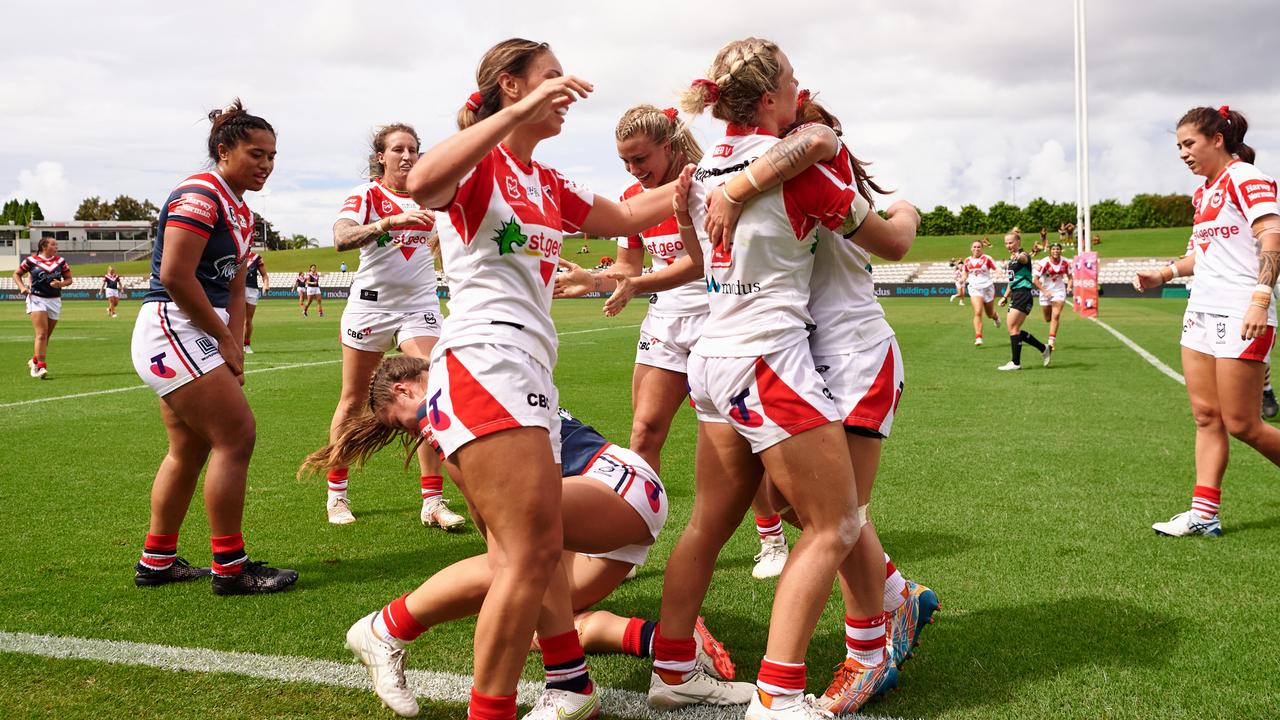 SYDNEY, AUSTRALIA - MARCH 26: Emma Tonegato of the Dragons celebrates with team mates after making a try saving tackle on Jessica Sergis of the Roosters during the round five NRLW match between the St George Illawarra Dragons and the Sydney Roosters at Netstrata Jubilee Stadium, on March 26, 2022, in Sydney, Australia. (Photo by Brett Hemmings/Getty Images)