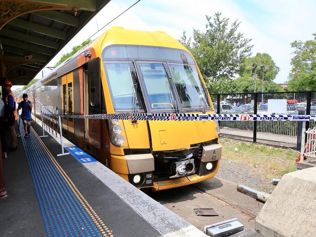 The train overshot the platform and hit the stop barrier. Picture: Dylan Robinson