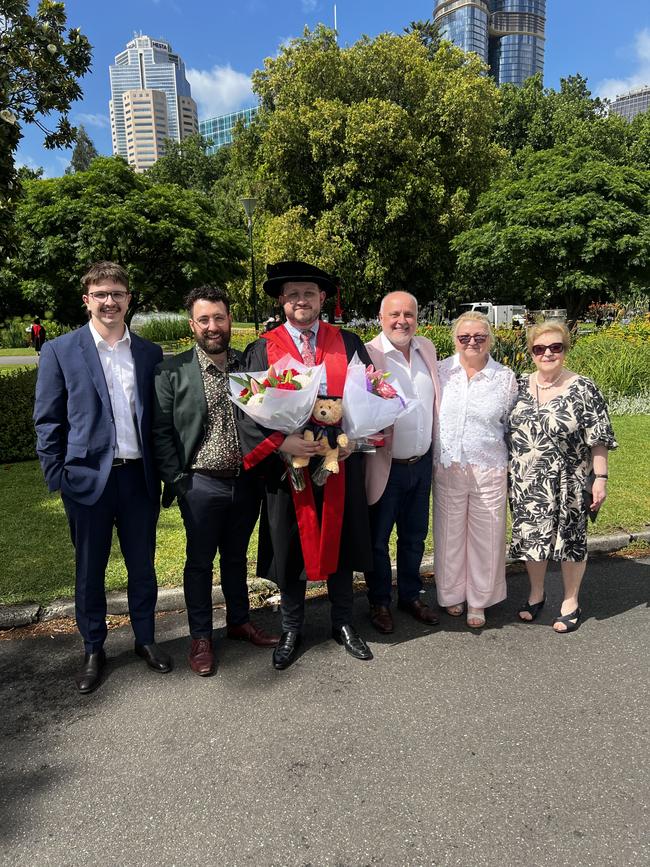 Josh Andrikopoulos, George Lazaris, Dr Benjamin Andrikopoulos (PhD in Chemistry), Bill Andrikopoulos, Stef Andrikopoulos and Anna Andrikopoulos at the University of Melbourne graduations held at the Royal Exhibition Building on Tuesday, December 17, 2024. Picture: Jack Colantuono