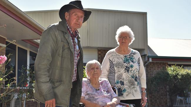 HEARTBROKEN: Tarcoola Residents Neil Smith, 84, Betty Shepheard, 91, and Jeanette Grimes, 84, said they were devastated to hear the council planned to move them from their home. Pic: Peta McEachern