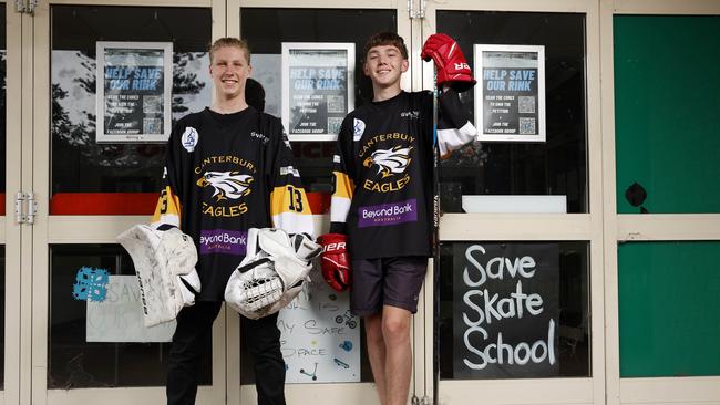 Canterbury Eagles Ice Hockey players Jason Beazley, 15, (left) and Parker Law, 16, outside the Canterbury Ice Rink which is receiving a big upgrade. Picture: Jonathan Ng