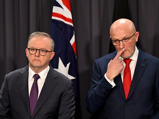 Australian Prime Minister Anthony Albanese and ASIO Director-General Mike Burgess announce the country’s threat level was moving from “possible” to “probable”. Picture: AAP