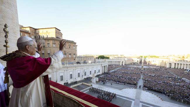 Newly elected Pope Leo XIV waves to faithful and pilgrims gathered in St. Peter's Square shortly after his election. Picture: Vatican Media