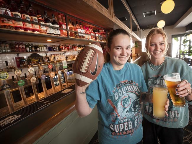 Melanie Marley- Brown and Kirra Wisemantel ahead of the NFL Super Bowl at the Telegraph Hotel.  Picture: Chris Kidd