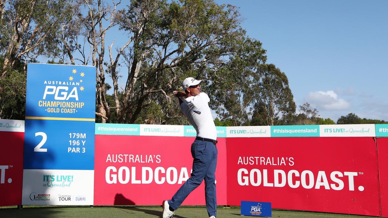 Action from today's Australian PGA Championship Pro-Am at RACV Royal Pines Resort. Picture: Jason O'Brien