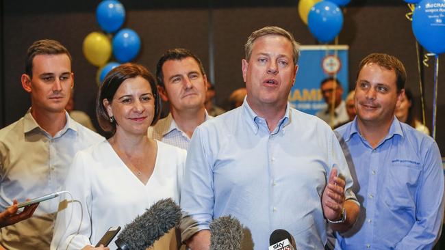 Queensland LNP leader Tim Nicholls (2nd from right) speaks to media at a doorstop during a visit to a small business forum at Nerang RSL along with, (L-R) LNP candidate for Bonney Sam O'Connor, deputy leader Deb Frecklington, LNP member Sid Cramp and LNP candidate for Theodore Mark Boothman, as part of the 2017 Queensland election campaign, in Brisbane, Tuesday, October 31, 2017. (AAP Image/Glenn Hunt)