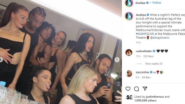 Pop star Dua Lipa, on right, strikes a pose with her dancers backstage in at the Palais in Melbourne's St Kilda.