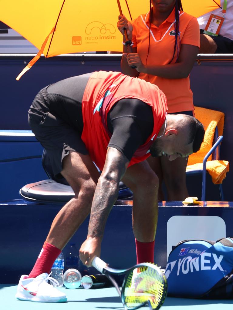 His racquets often cop a battering. (Photo by Michael Reaves/Getty Images)