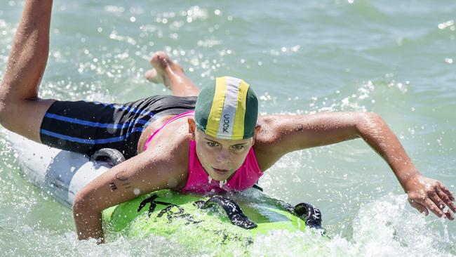 Swansea Belmont’s Kai Cook in the under-11 Male Board at the NSW Surf Life Saving Championships at Blacksmiths Beach on Friday, 28 February, 2020. Picture: Troy Snook