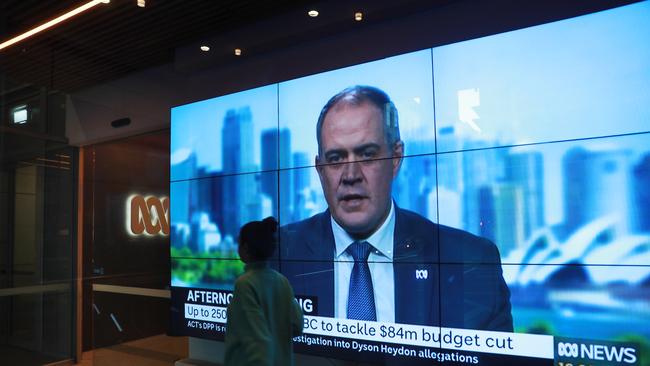 Managing Director of the ABC David Anderson on a TV screen at the Ultimo headquarters discussing job cuts. Picture: John Feder