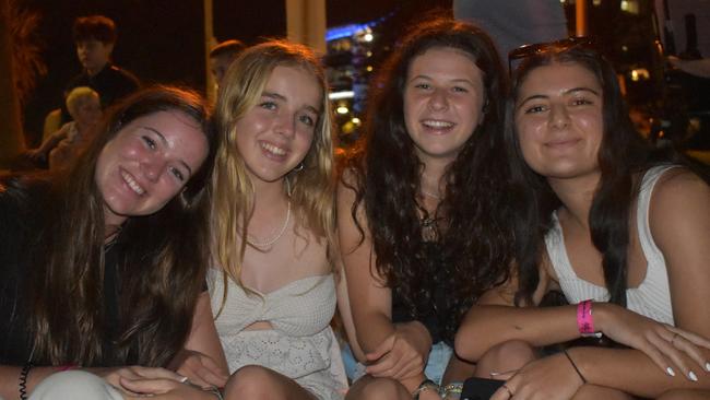 Bella Watson, Penny Parton, Amelia Bovireff and Tara Parnian celebrating New Year's Eve 2022 at Mooloolaba. Photo: Elizabeth Neil