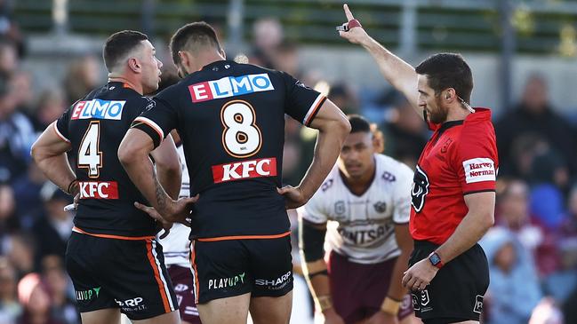 Brent Naden sent off by referee Peter Gough for a tackle on Jake Trbojevic (Photo by Matt King/Getty Images)