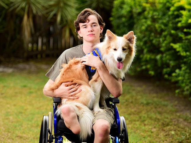 At 8 years old, Devlin lost his leg to bone cancer, but now his assistance dog Jinx, requires heart surgery to survive. Picture: Alix Sweeney