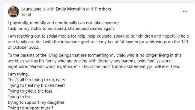 Part of Laura McMullin's Facebook post pleading with the trolls to stop. Picture: Facebook