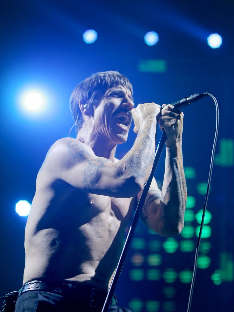 Red Hot Chili Peppers front man Anthony Kiedis performs at the Derwent Entertainment Centre in Hobart. Picture: PATRICK GEE