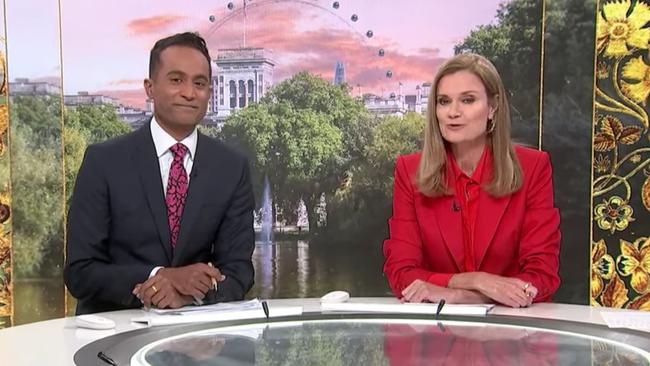 ABC presenters Jeremy Fernandez and Julia Baird lead the coverage of King Charles III's coronation on Saturday. Picture: ABC TV.