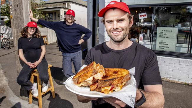 Milk bar turned neighbourhood sandwich shop, Hector’s Deli, has gained cult status during the pandemic. Owners Vanessa Wilton, Dominic Wilton and Edward Ring. Picture: Tim Carrafa.