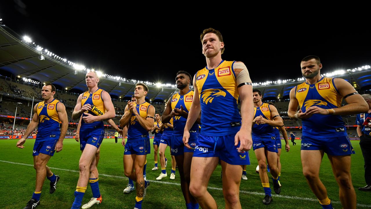 PERTH, AUSTRALIA - APRIL 15: Jack Redden of the Eagles leaves the field after the loss during the 2022 AFL Round 05 match between the West Coast Eagles and the Sydney Swans at Optus Stadium on April 15, 2022 In Perth, Australia. (Photo by Daniel Carson/AFL Photos via Getty Images)